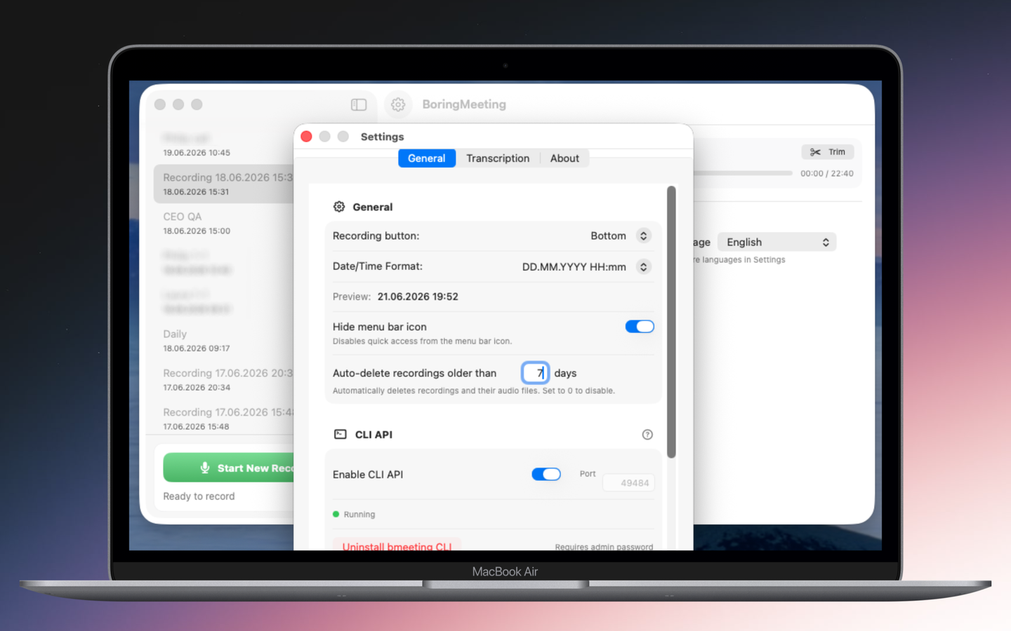 BoringMeeting — app settings