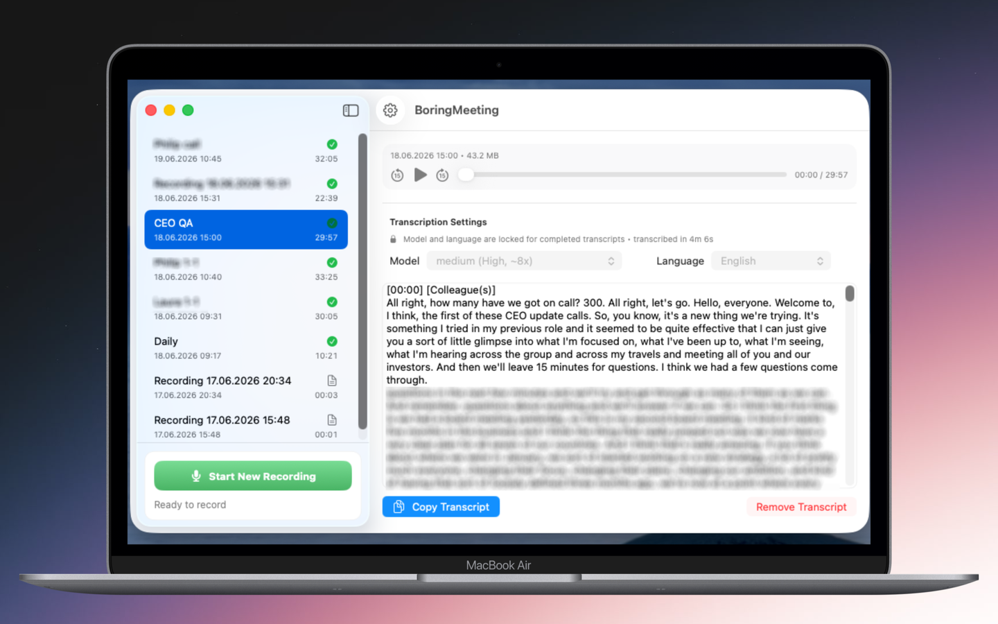 BoringMeeting — transcript view