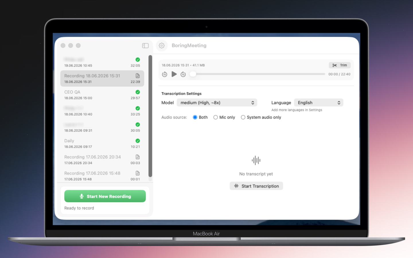 BoringMeeting — transcription settings