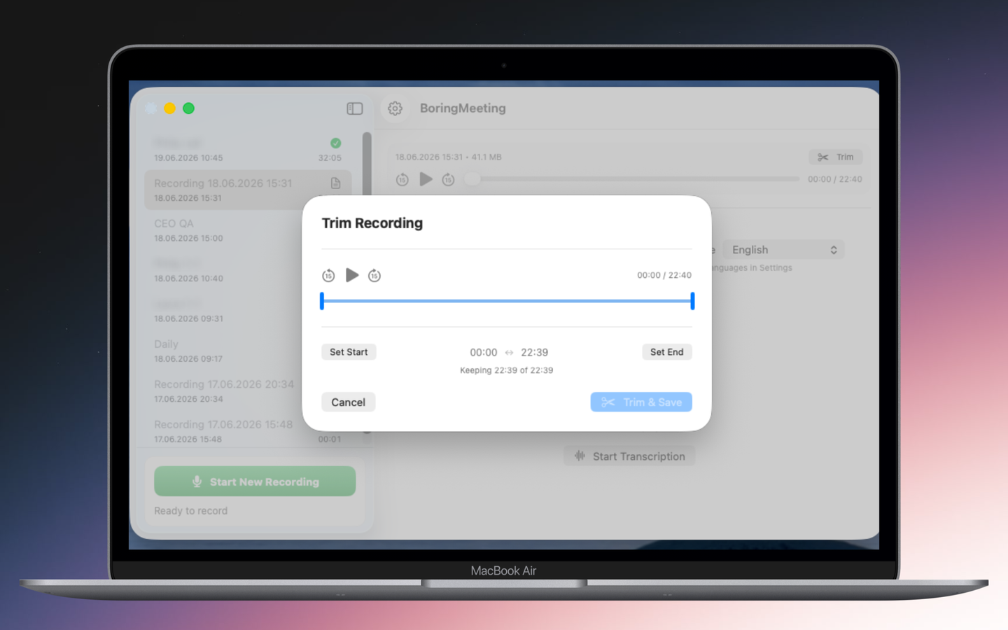 BoringMeeting — trim recording